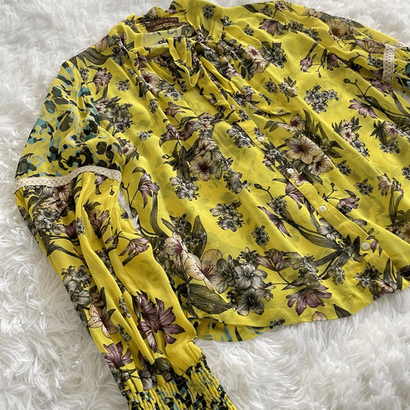 Anthropologie Varun Bahl Vibrant Yellow Floral Neck Tie Blouse Women’s Small - Picture 8 of 8